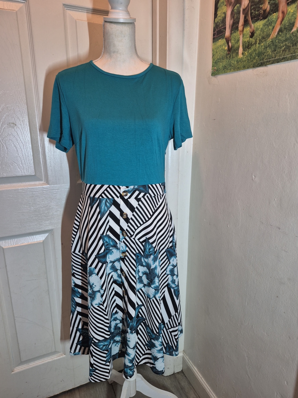 Teal Floral Stripe A-Line Midi Skirt